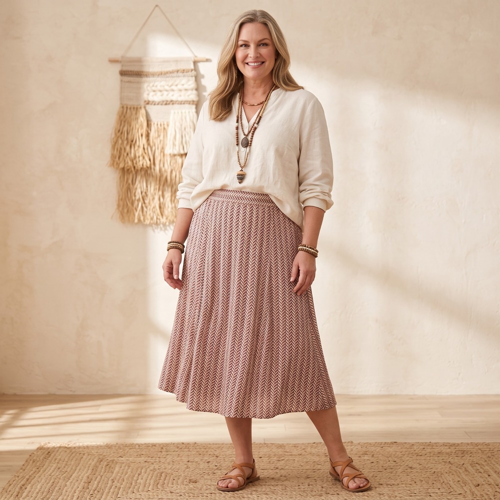 LOFT Chevron Skirt Cream Black Multi Chevron Pull On Midi Skirt Boho Indie 22